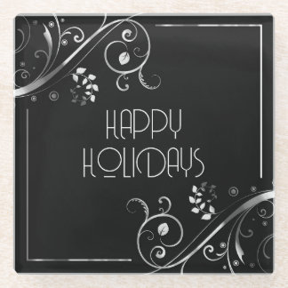 Metallic Floral Border Happy Holidays Glass Coaster