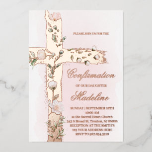 metallic floral Holy cross Confirmation Foil Invitation