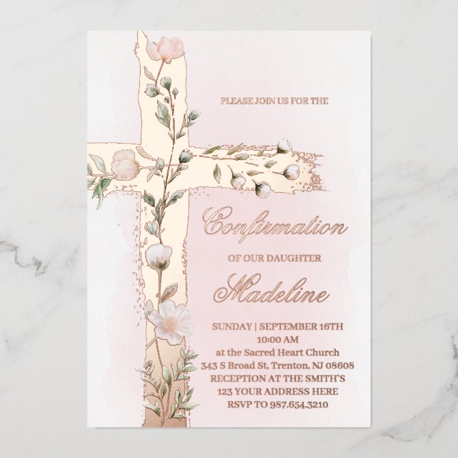 metallic floral Holy cross Confirmation Foil Invitation (Front)