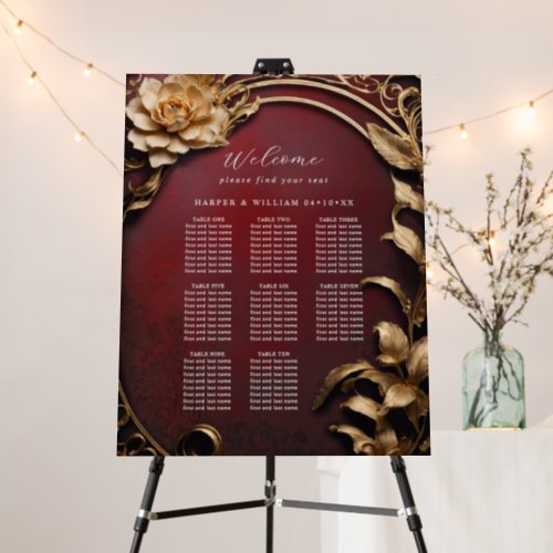 Metallic floral ornated wedding seating chart foam board