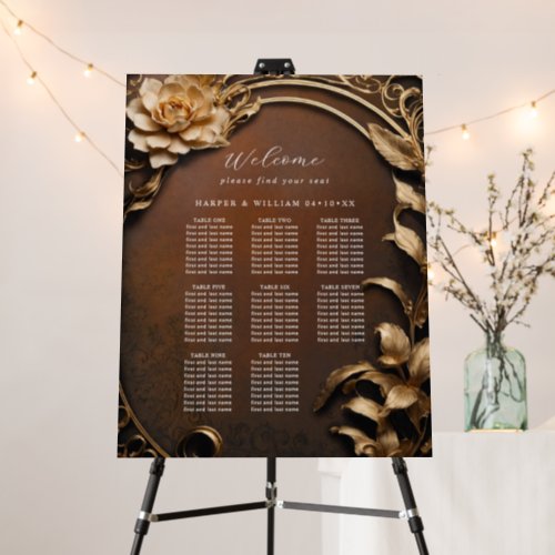Metallic floral ornated wedding seating chart foam board