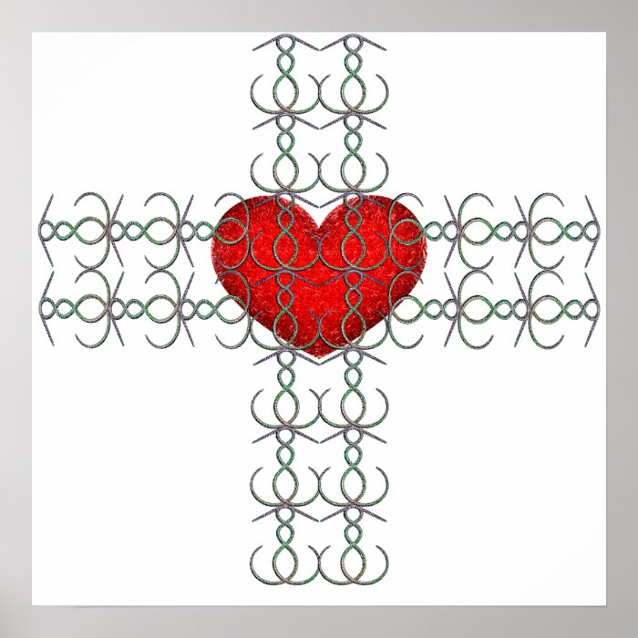 Metallic Flourish Cross with Red Heart Print