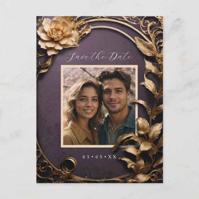 Metallic flowers photo save the date postcard (Front)