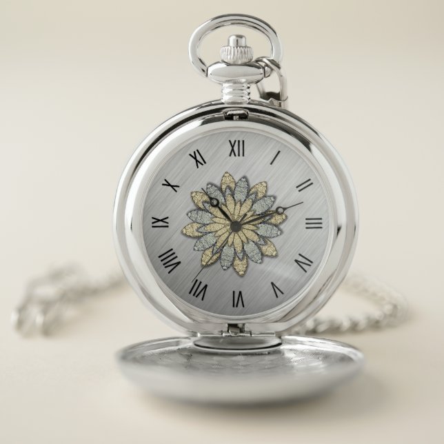Metallic Flowers Silver w Roman Numerals Pocket Watch (Inside)