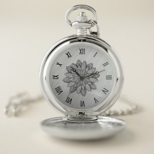 Metallic Flowers Silver w Roman Numerals Pocket Watch