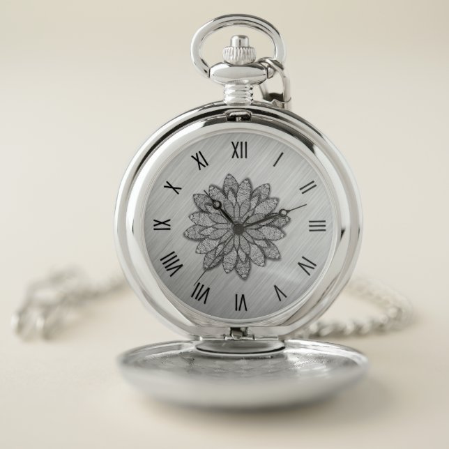Metallic Flowers Silver w Roman Numerals Pocket Watch (Inside)