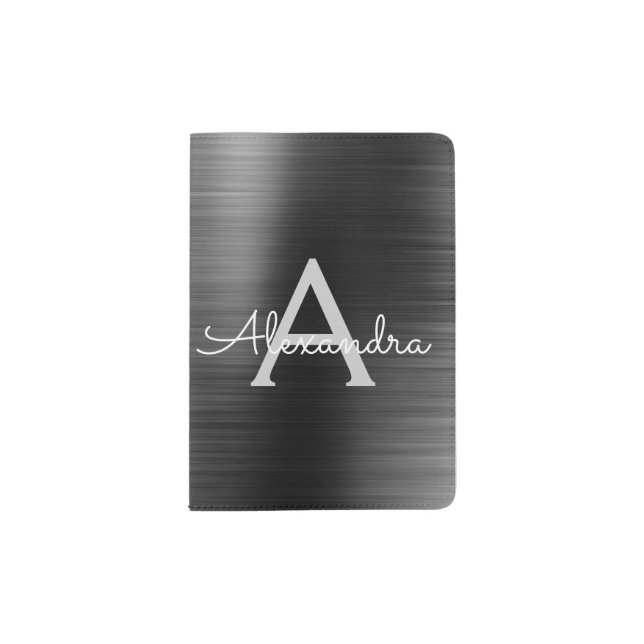 Metallic Foil Black Brushed Metal Monogram Passport Holder (Front)