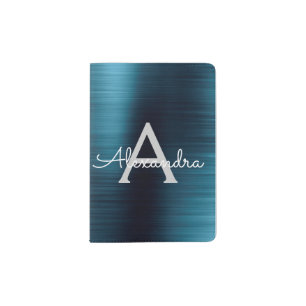 Metallic Foil Blue Brushed Metal Monogram Passport Holder