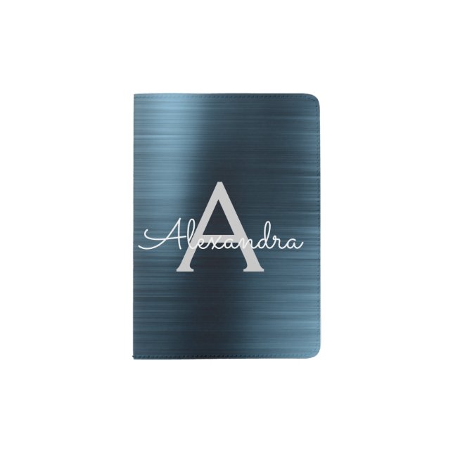 Metallic Foil Blue Brushed Metal Monogram Passport Holder (Front)