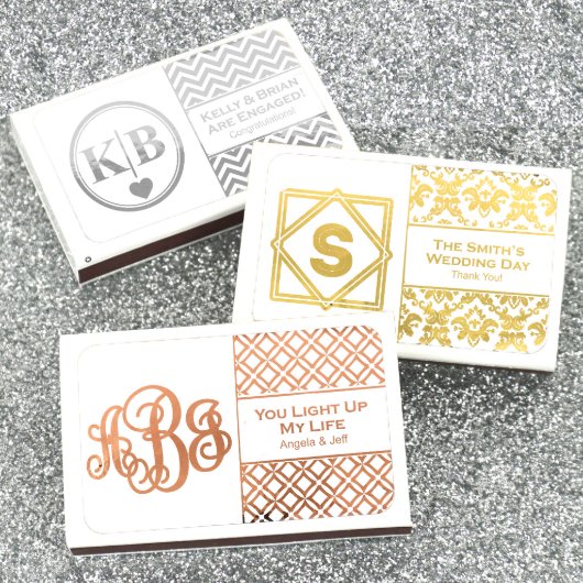 Metallic Foil Monogram Wedding Favor Matches (Front)