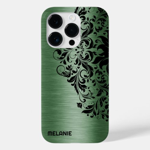 Metallic Forest Green Texture Black Lace  Text Case_Mate iPhone 14 Pro Case