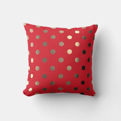 Metallic Foxier Gold Vivid Red Polka Dots Throw Pillow