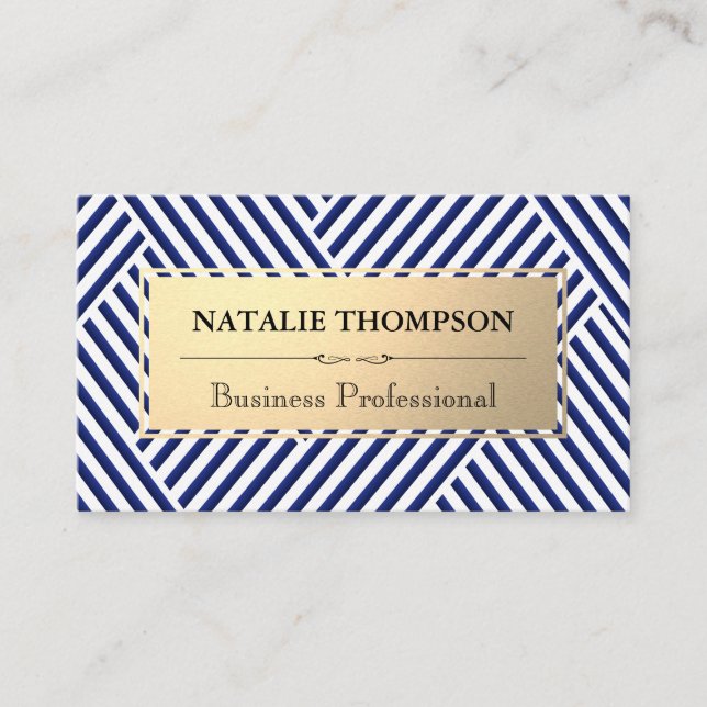 Metallic Frame | Blue White Striped Pattern Business Card (Front)