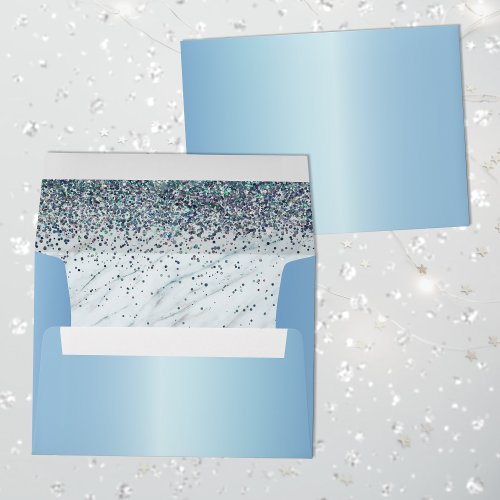 Metallic Frozen Ice Blue wOpal Peacock Glitter Envelope