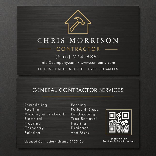 Metallic General Construction Black Gold QR Code Business Card (Creator Uploaded)
