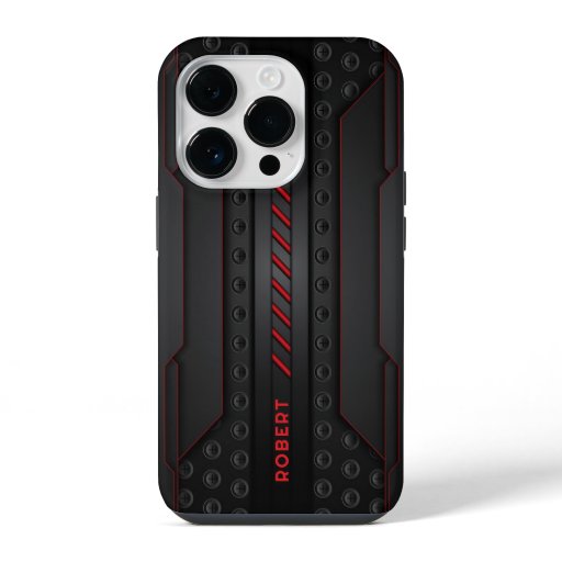 Metallic Geometric Black Texture Red Accent iPhone 14 Pro Case