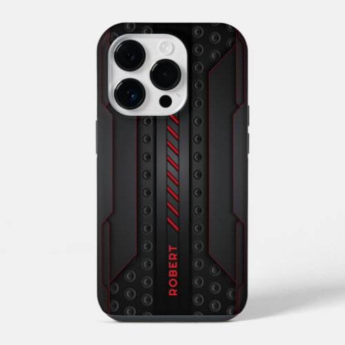 Metallic Geometric Black Texture Red Accent iPhone 14 Pro Case