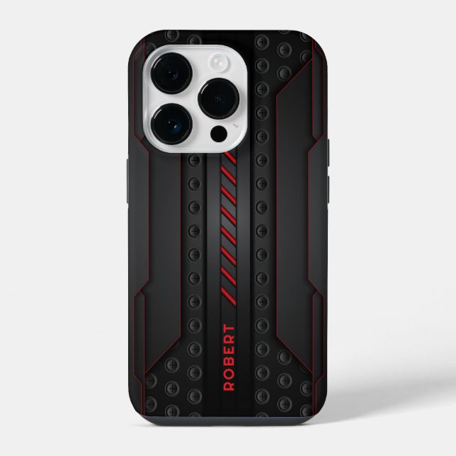 Metallic Geometric Black Texture Red Accent iPhone Case (Back)