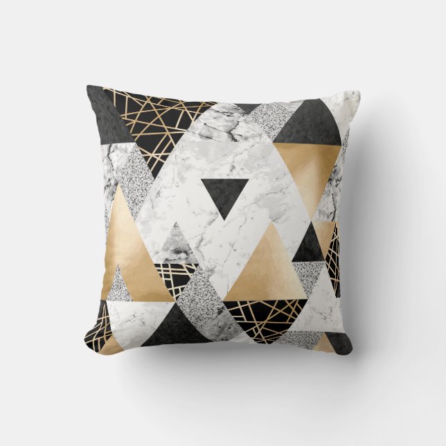 Metallic Geometric: Gold Silver Marble Throw Pillow (Front)