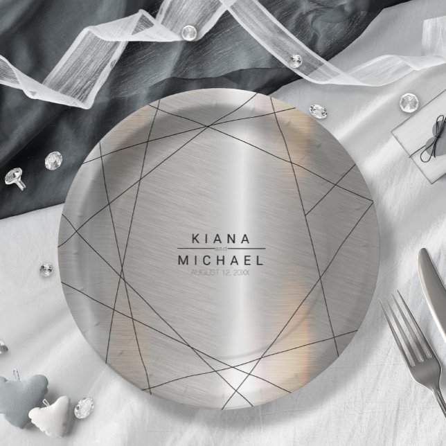 Metallic Geometric Wedding Silver/Black ID648 Paper Plates (Creator Uploaded)
