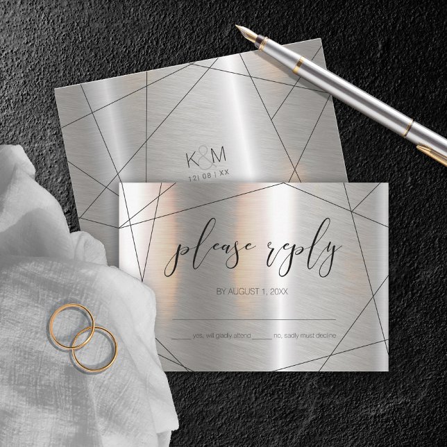 Metallic Geometric Wedding Silver/Black ID648 RSVP Card (Creator Uploaded)