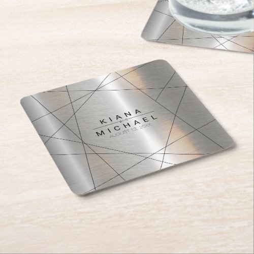 Metallic Geometric Wedding SilverBlack ID648 Square Paper Coaster