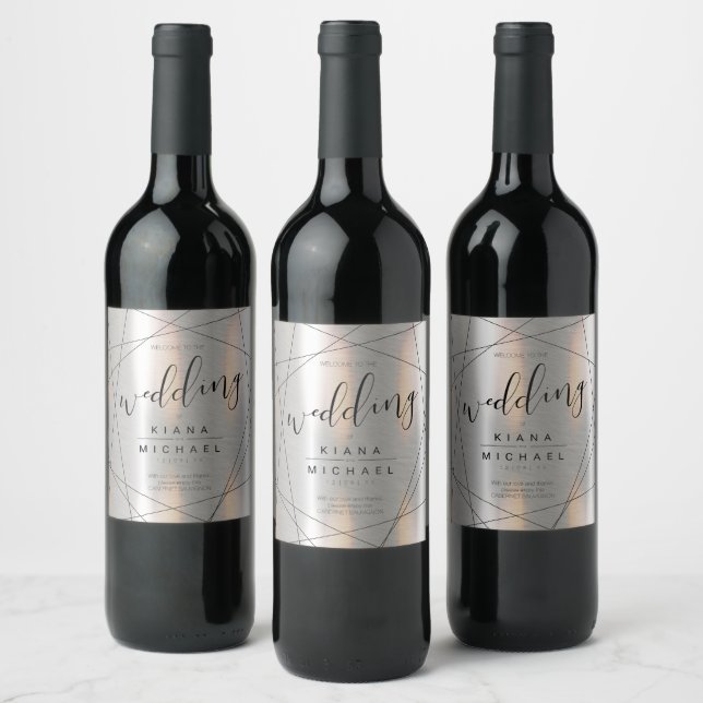 Metallic Geometric Wedding Silver/Black ID648 Wine Label (Bottles)