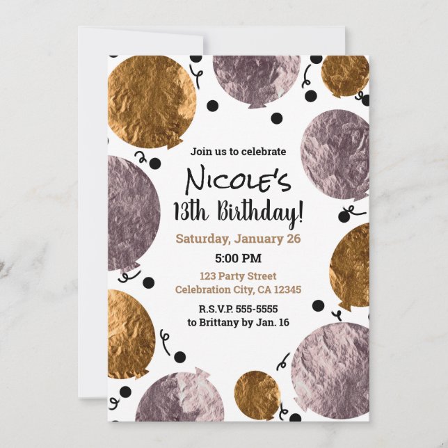 Metallic Glam Pink Rose Gold Balloons Birthday Invitation (Front)