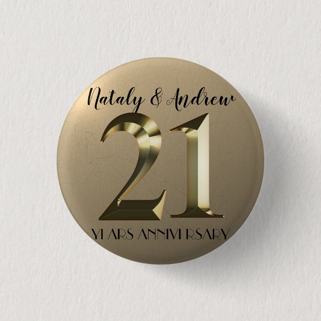 Metallic Gold 21th Wedding Anniversary Button (Front)