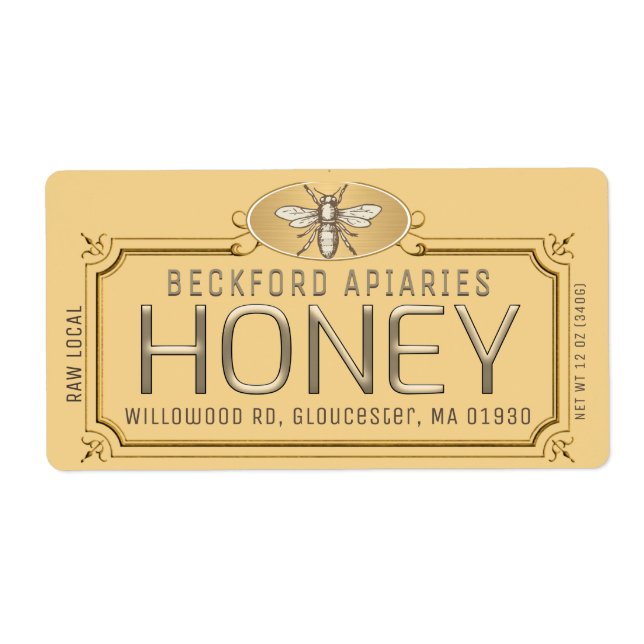 Metallic Gold 3D Framed Honey Label with Bee  (Front)