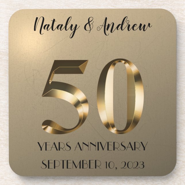 Metallic Gold 50th Wedding Anniversary Beverage Coaster (Front)