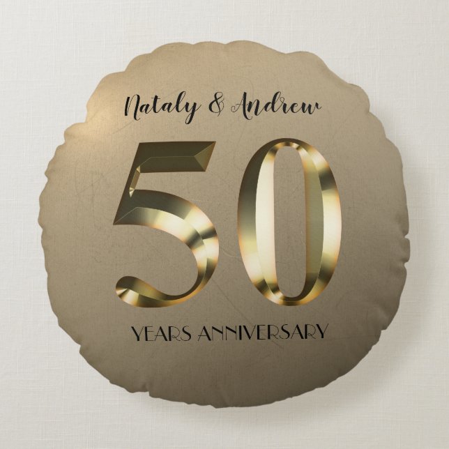 Metallic Gold 50th Wedding Anniversary Round Pillow (Front)