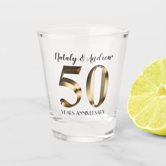 Metallic Gold 50th Wedding Anniversary Shot Glass (Front)