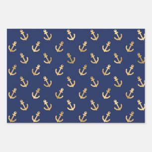 Metallic Gold Anchors on Navy Blue Wrapping Paper Sheets