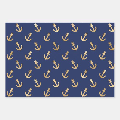 Metallic Gold Anchors on Navy Blue Wrapping Paper Sheets