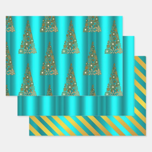 Metallic Gold and Aqua Christmas Wrapping Paper Sheets