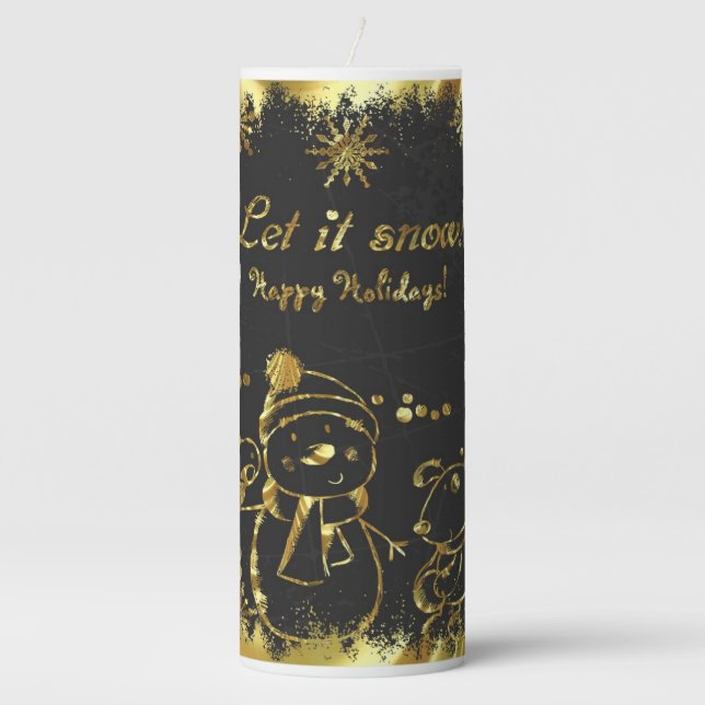 Metallic Gold And Black Christmas Illustration Fla Pillar Candle (Front)