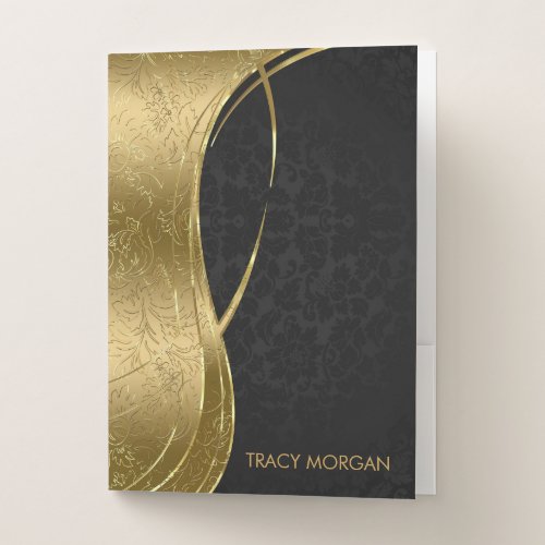 Metallic Gold And Black Damask Pocket Folder