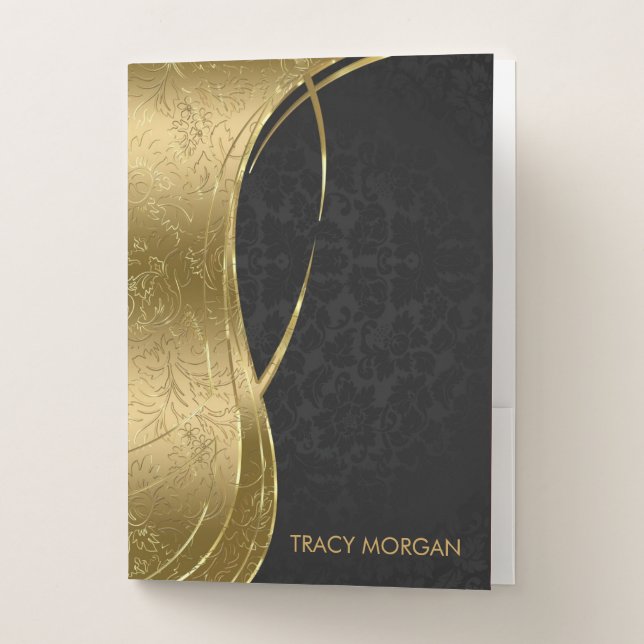 Metallic Gold And Black Damask Pocket Folder (Front)