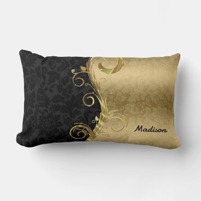 Metallic Gold And Black Floral Damask Lumbar Pillow (Front)