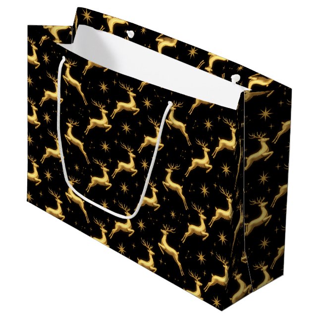 Metallic Gold and Black Reindeer and Stars Large Gift Bag (Front Angled)