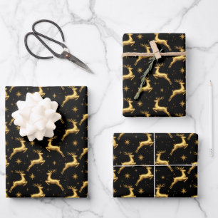 Metallic Gold and Black Reindeer and Stars Wrapping Paper Sheets