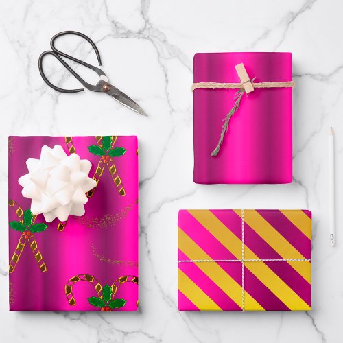 Metallic Gold and Pink Christmas Wrapping Paper Sheets