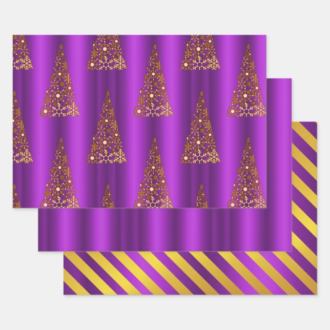 Metallic Gold and Purple Christmas Wrapping Paper Sheets (Set)