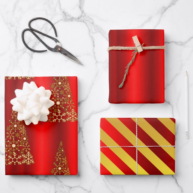 Metallic Gold and Red Christmas  Wrapping Paper Sheets (Front)