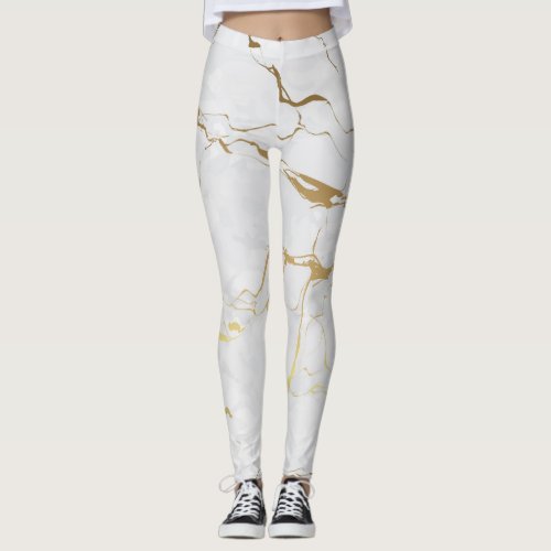 Metallic Gold And White Marbled Leggings