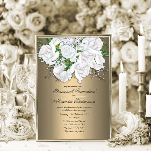 Metallic Gold and White Roses Wedding Invitation