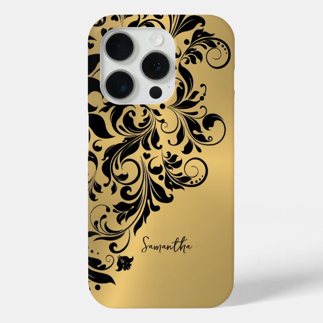 Metallic Gold Background Black Swirl Ornament Case-Mate iPhone Case (Back)
