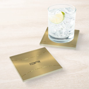 Metallic gold background custom monogram glass coaster