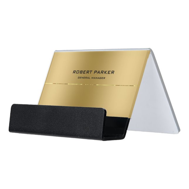 Metallic Gold Background Shiny Gold Stripe Accent Desk Business Card Holder (Angled Front)
